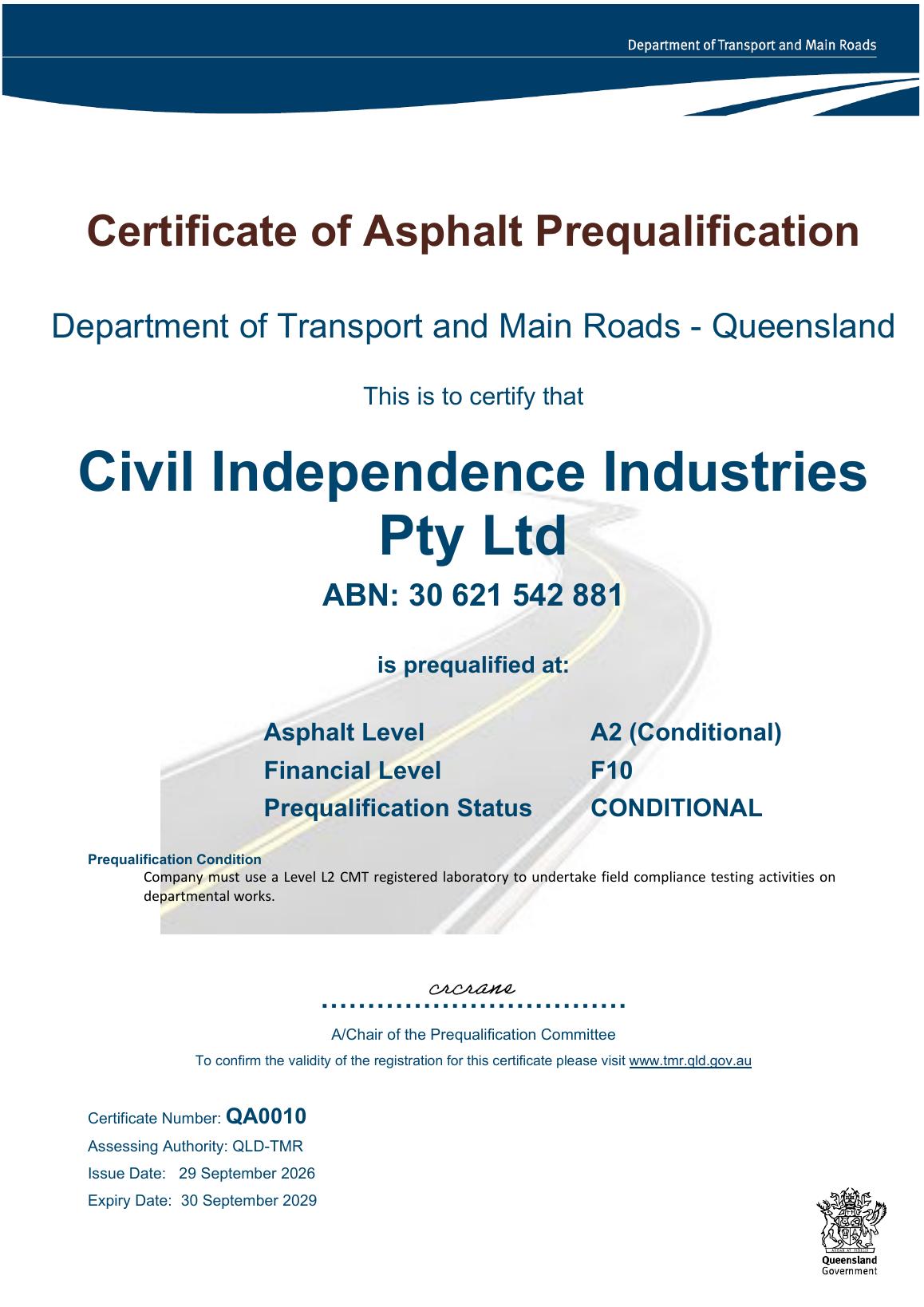 Queensland Transport and Main Roads certificate