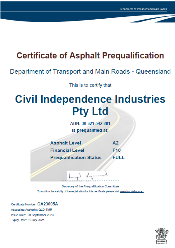 Queensland Transport and Main Roads certificate